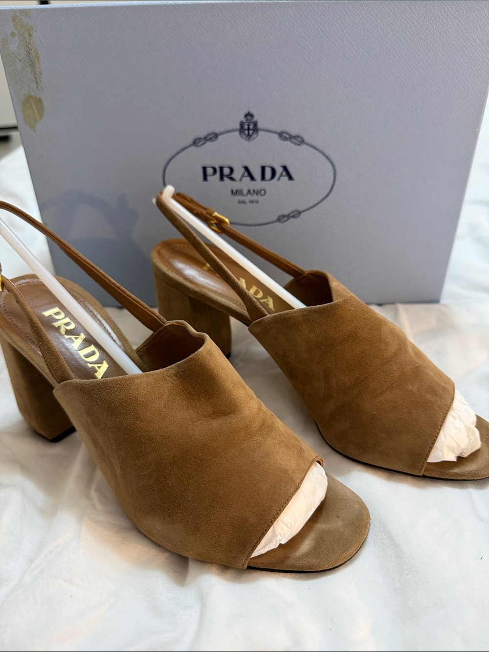 Prada - Tan Suede Slingback Block Heel Sandals. Size 38 (US 8)